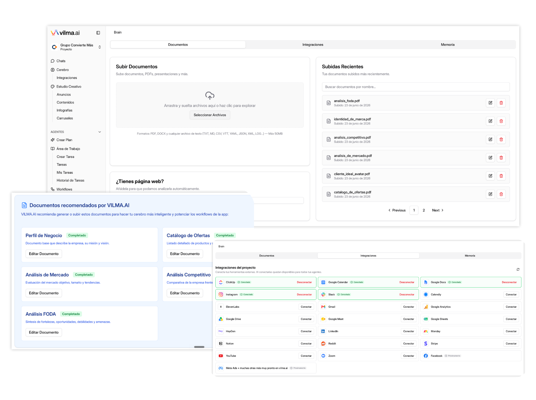 Vista del Cerebro de Vilma.AI con documentos e integraciones